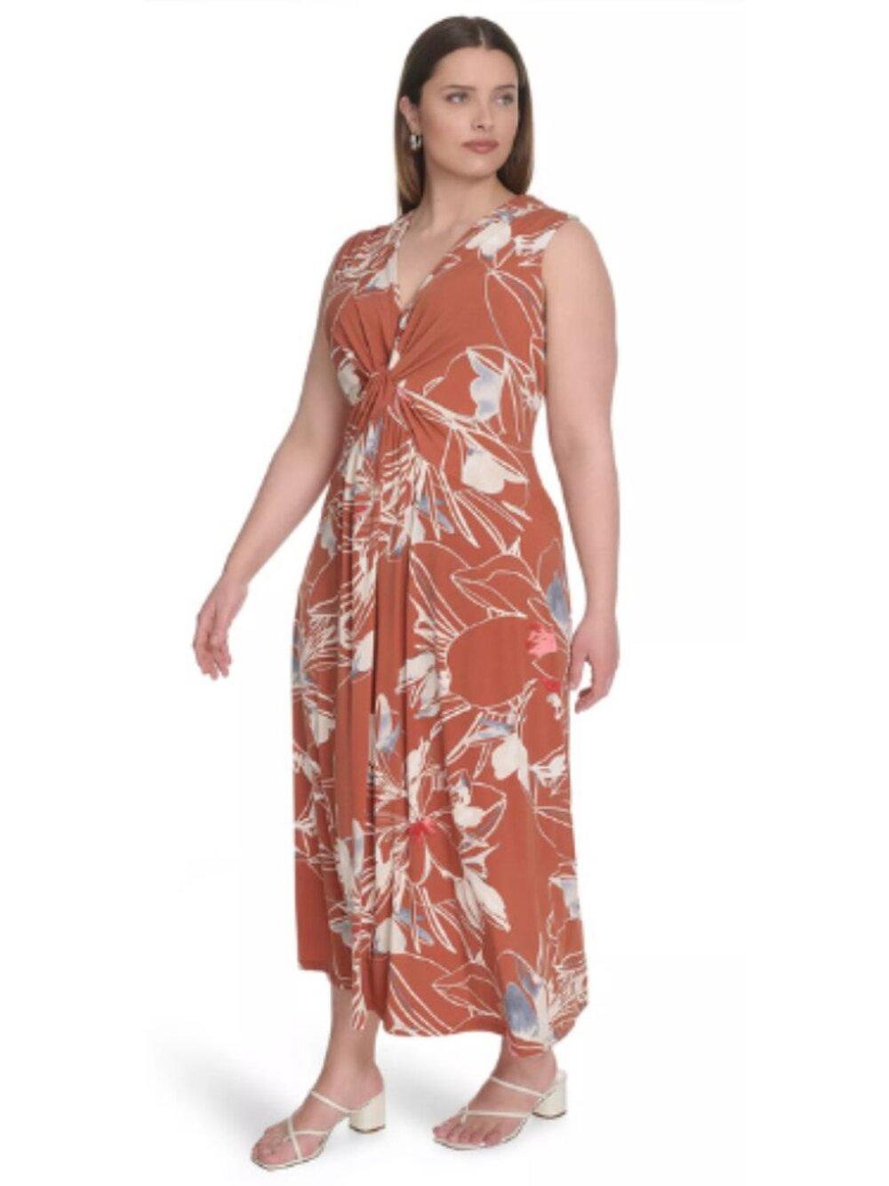 Calvin Klein CK Tan White Floral V Neck Jersey Midi Dress Formal Event Size 20W